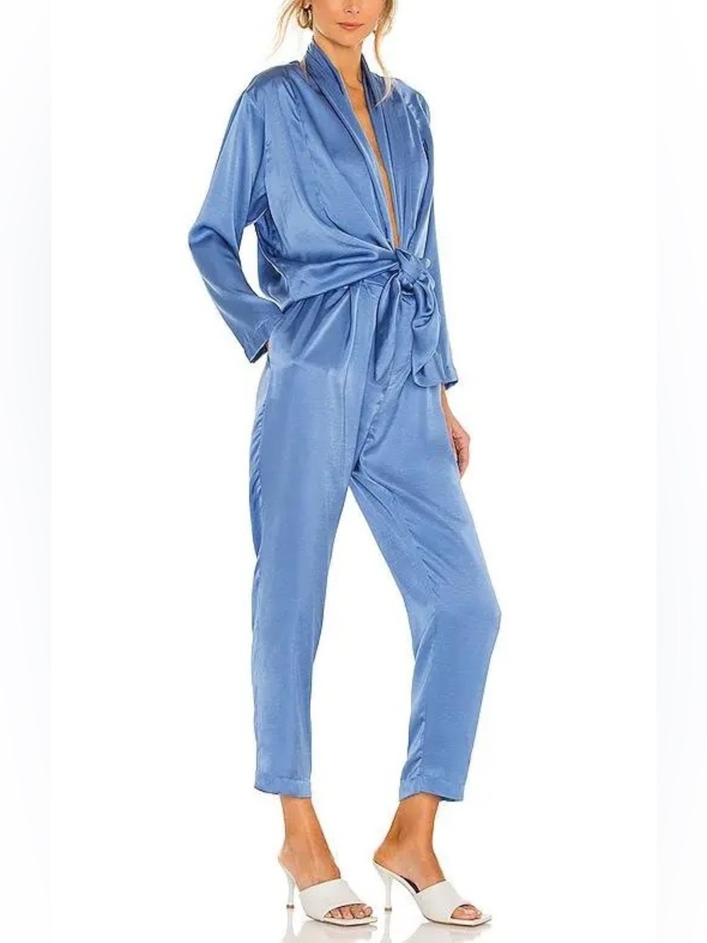NWT OVERLOVER Stina Blue Satin Tie Knot Drapey Jumpsuit Size Large